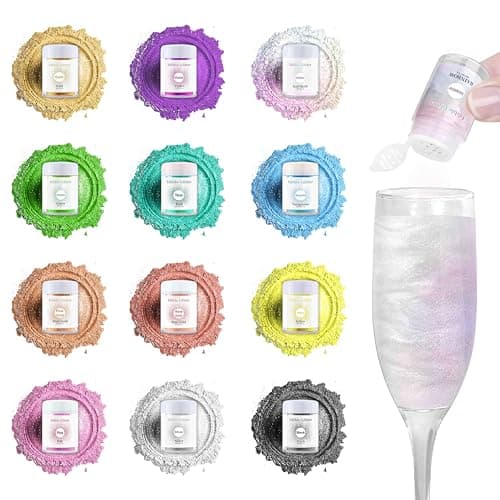 Edible Glitter 12 Colors Set, Food Grade Metallic Shimmer Luster Dust for Food Decoration, Rainbow Powder for Cocktails Champagne Beverages, Vegan, Gluten Free, Nut Free-3g/Bottles