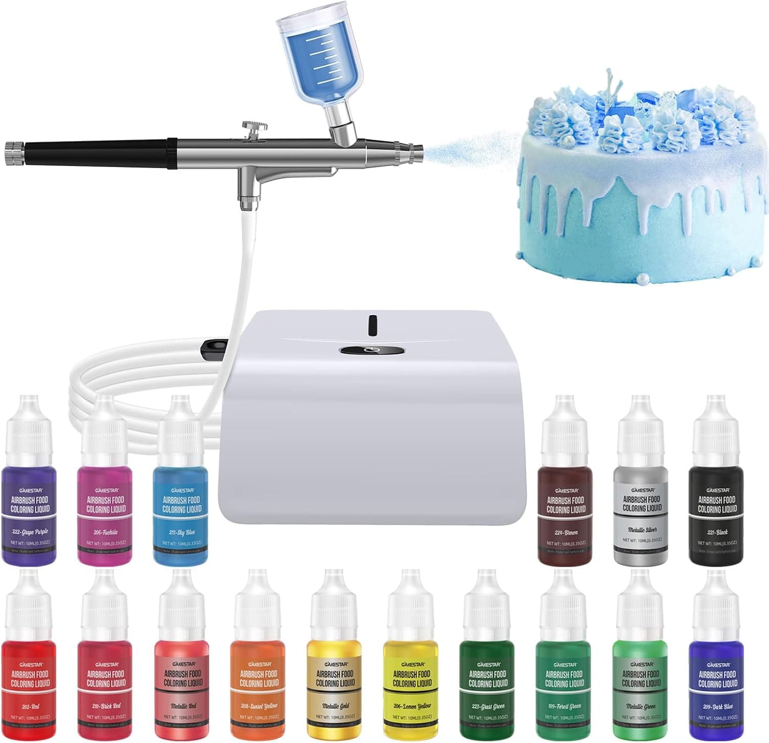 Cakestar Cake Decorating Kit with Compressor, Cookie Airbrush with 12 Food Coloring Liquids and 4 Metallic