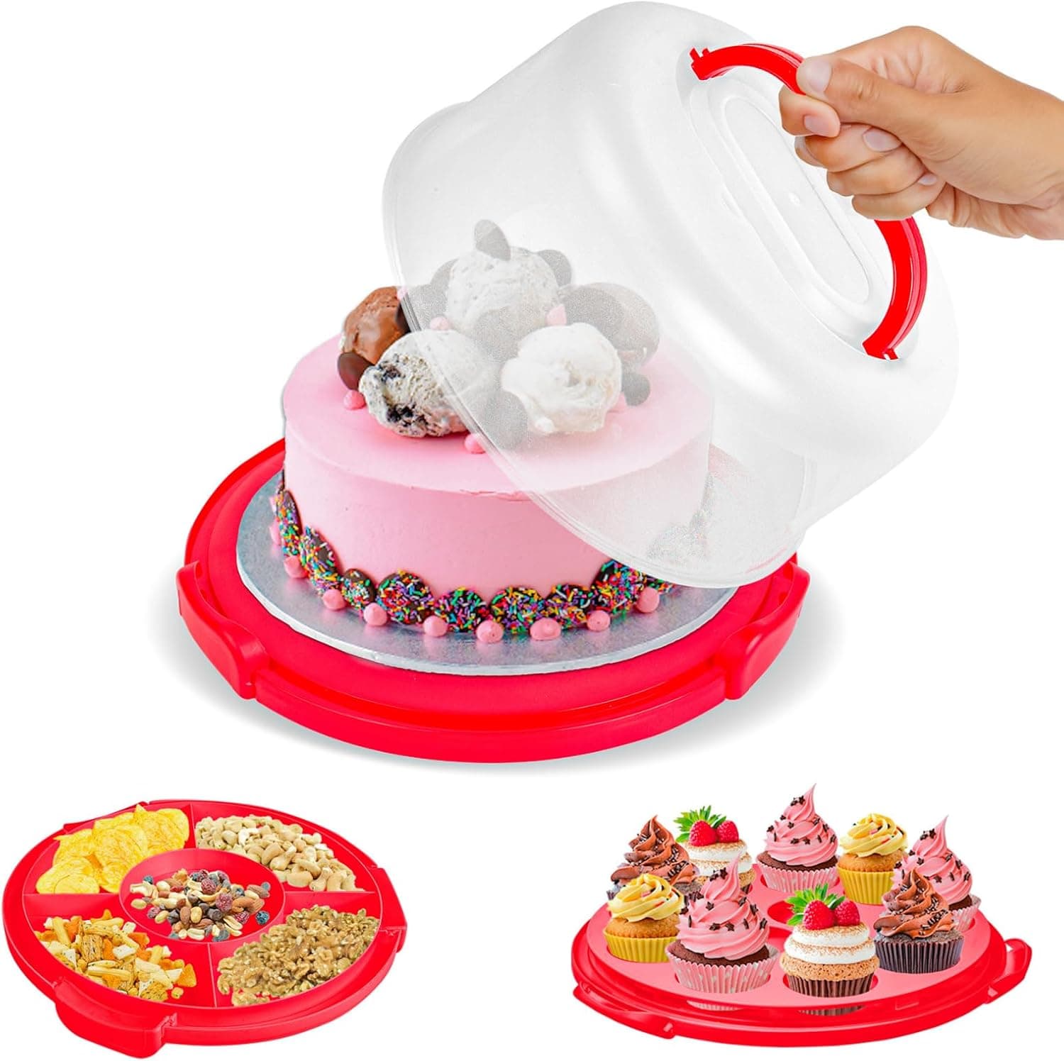 Plastihut Cake Carrier with Lid and Handle - Fits 10 Inch Cake, 11 Cupcakes and 5 Section Serving Tray, Red