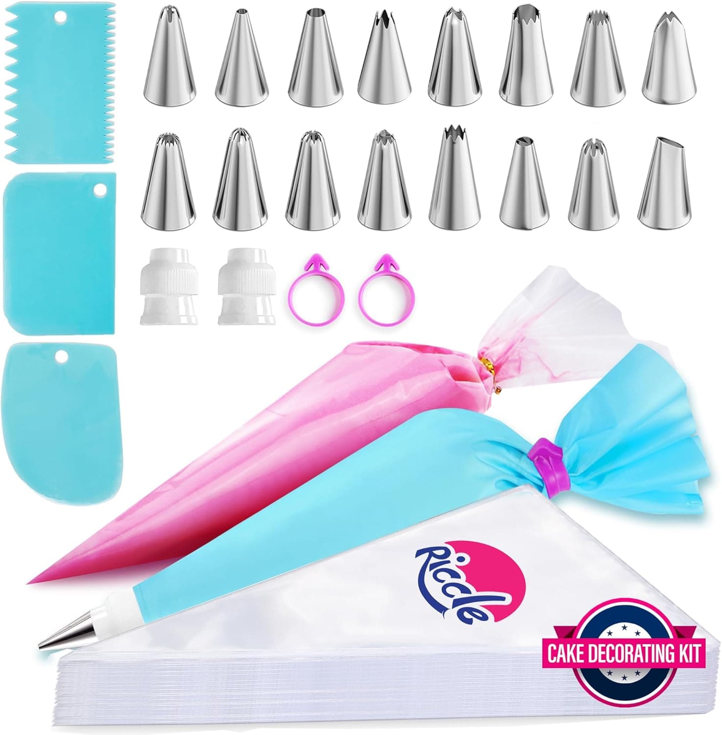 Riccle Piping Bags and Tips Set, 11.8 Inch 100 Anti Burst Piping Bags, 124 Pcs Cake Decorating Kit with 16 Piping Tips