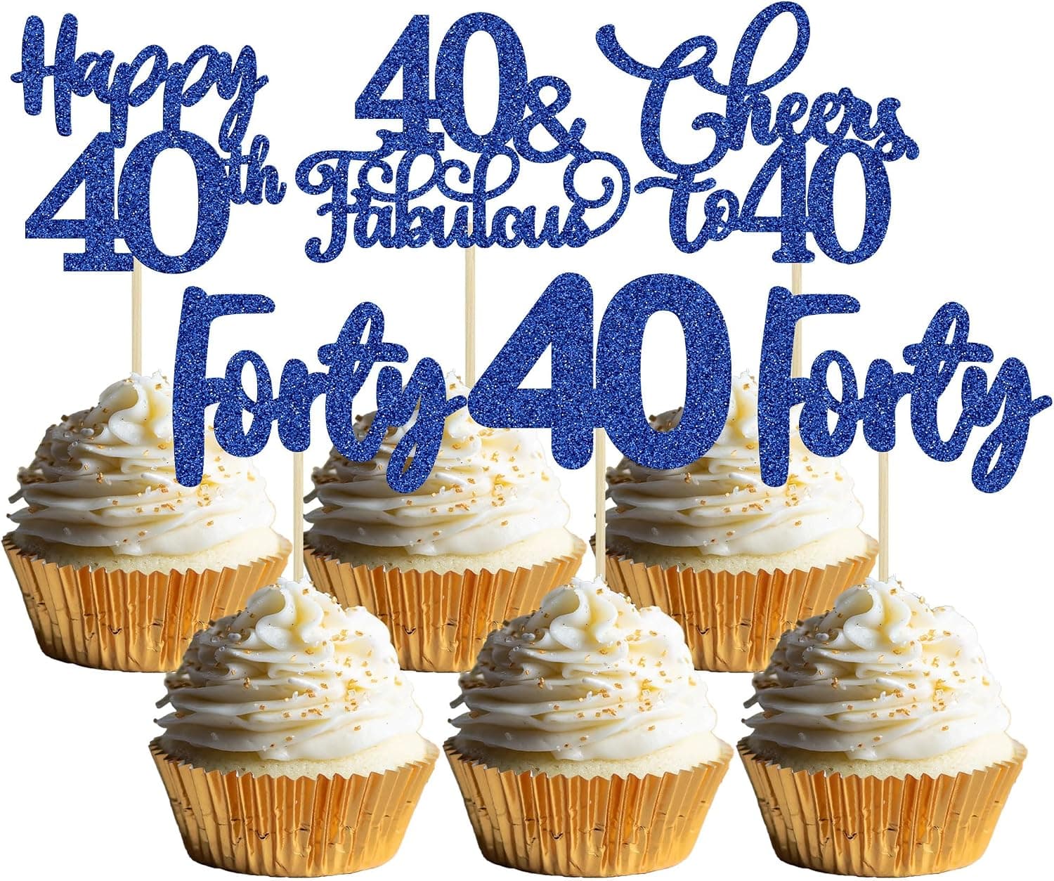 30 Pack Happy 40th Birthday Cupcake Toppers Dark Blue Glitter Forty Cheers to 40 Years Old Birthday Cupcake Picks