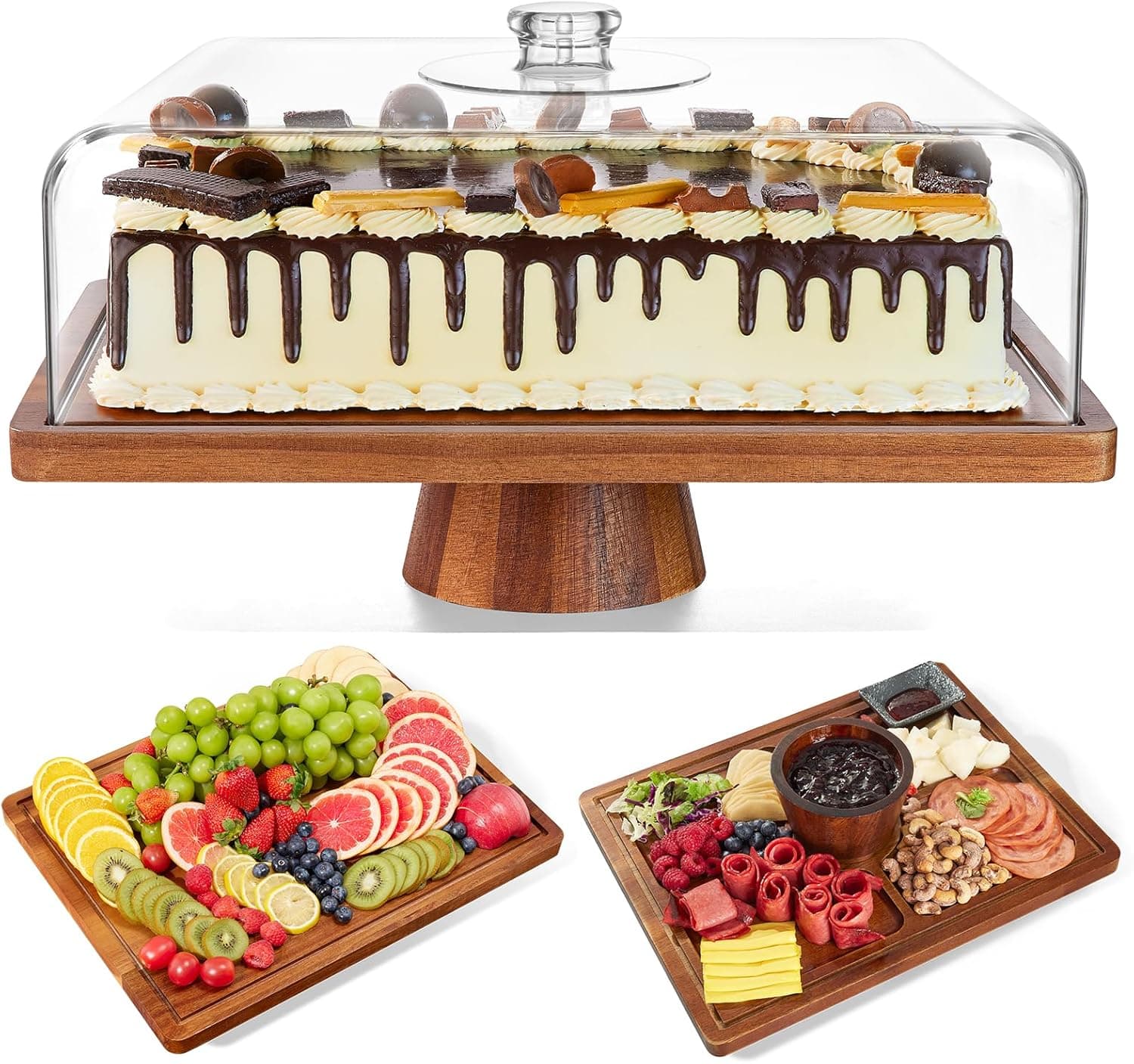 HouseJoy Acacia Wood Cake Stand with Lid - Extra Large 17 Inch Rectangular Cake Holder with Acrylic Dome