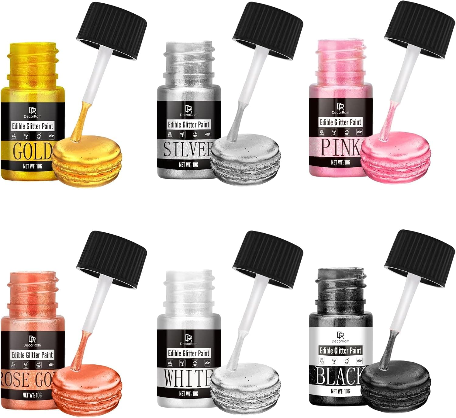Edible Glitter Paint Set - 6 Colors Metallic Edible Cake Paint for Cake Decorating, Baking, Cupcakes