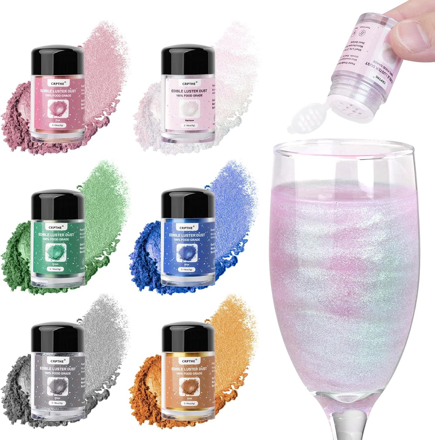 CRPTHE 6 Colors Luster Dust Edible Set, Edible Glitter for Drinks, Cocktails, Desserts