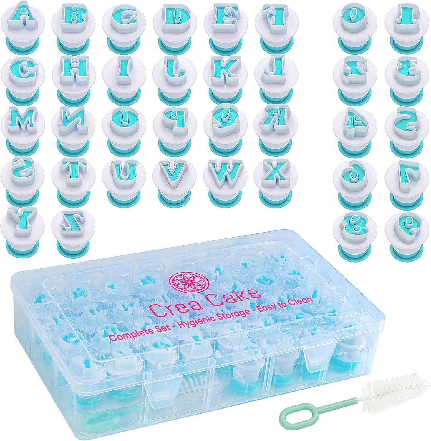 Crea Cake 36 pcs Fondant Alphabet Letter Cutters, BPA Free Letter Plunger for Cake Letters, Stamps in Storage Box with Brush