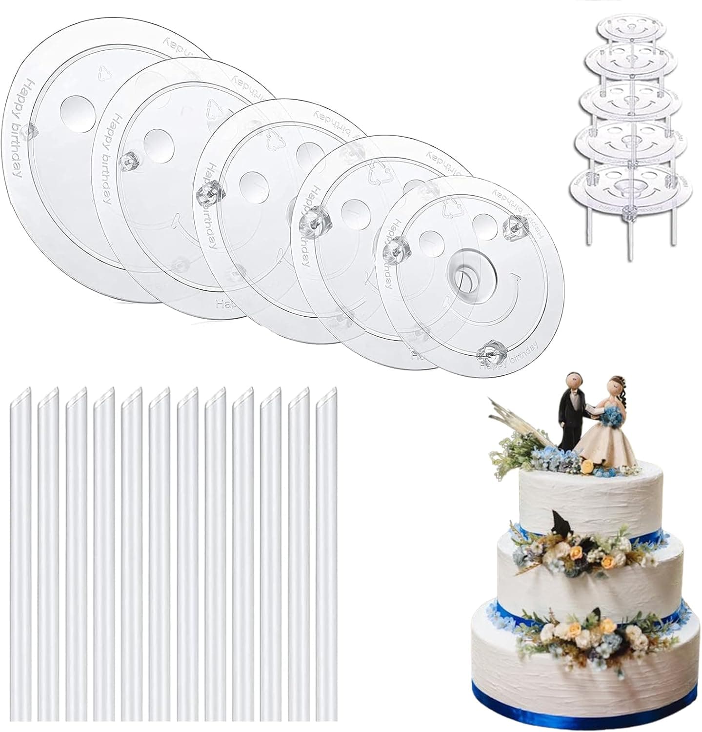 YVPSI 20Pcs Cake Dowel Rods Set, 15pcs Cake Tier Supports Rods, 5pcs Cake Separator Plates for 4/6/8/10/12 Inch Tiered Cake Stacking