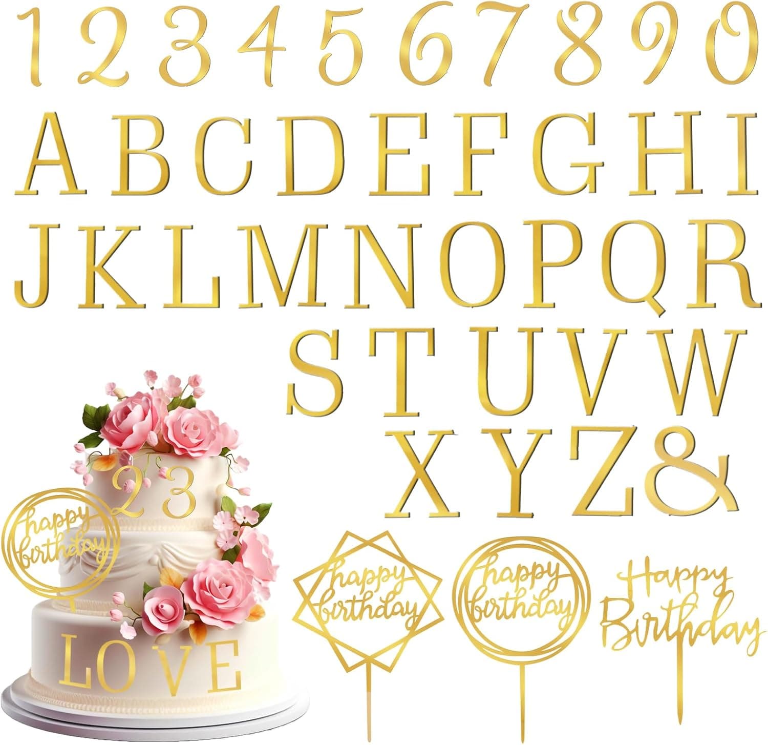 40PCS Gold Letters for Cake, Acrylic Cake Topper Letters, A-Z Alphabet and 0-9 Number for Cake Decorating