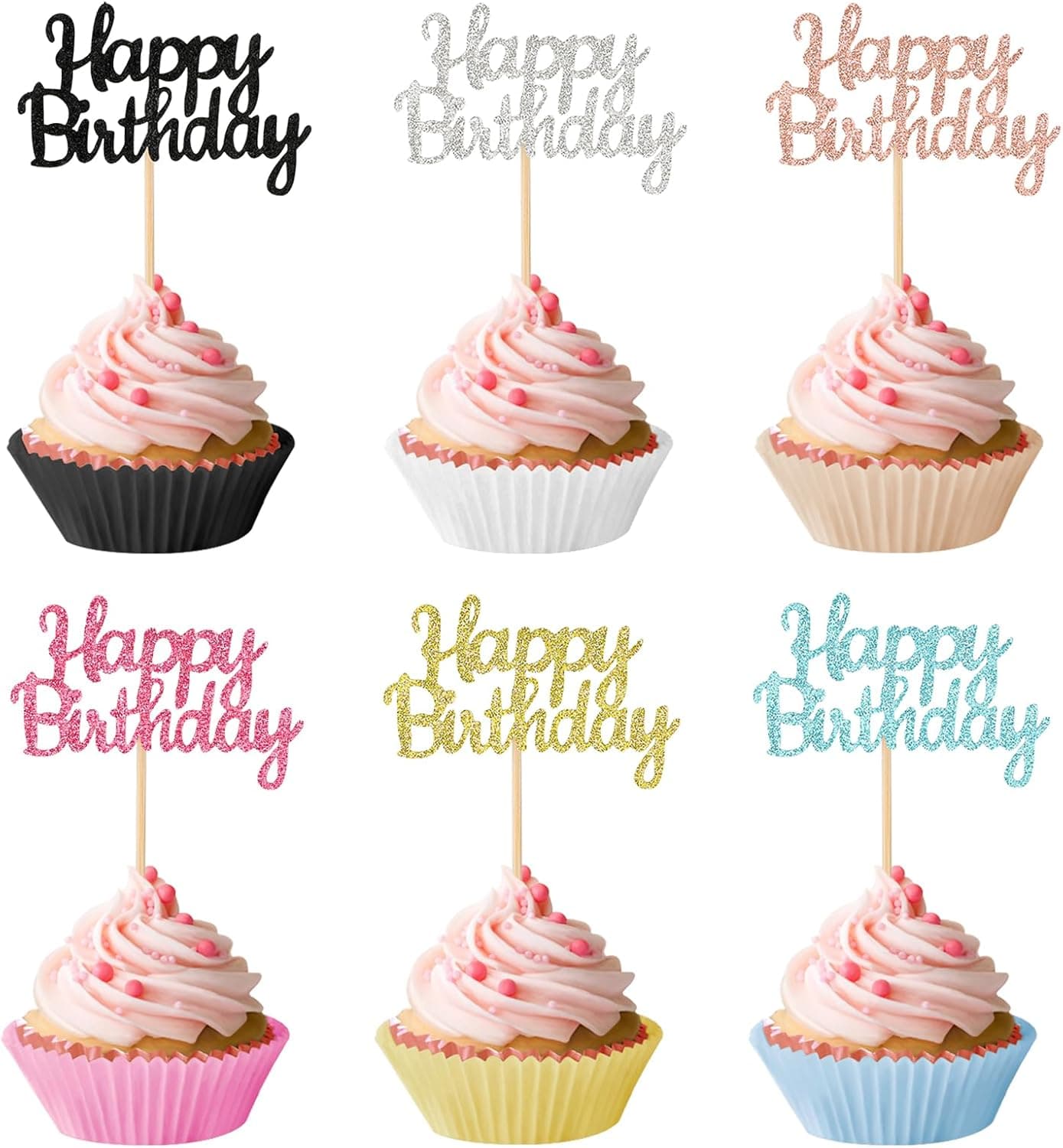 24 Pcs Happy Birthday Cupcake Toppers, Glitter Birthday Cupcake Toppers Sticks Food Picks for Party Anniversary Celebration, 6 Colors