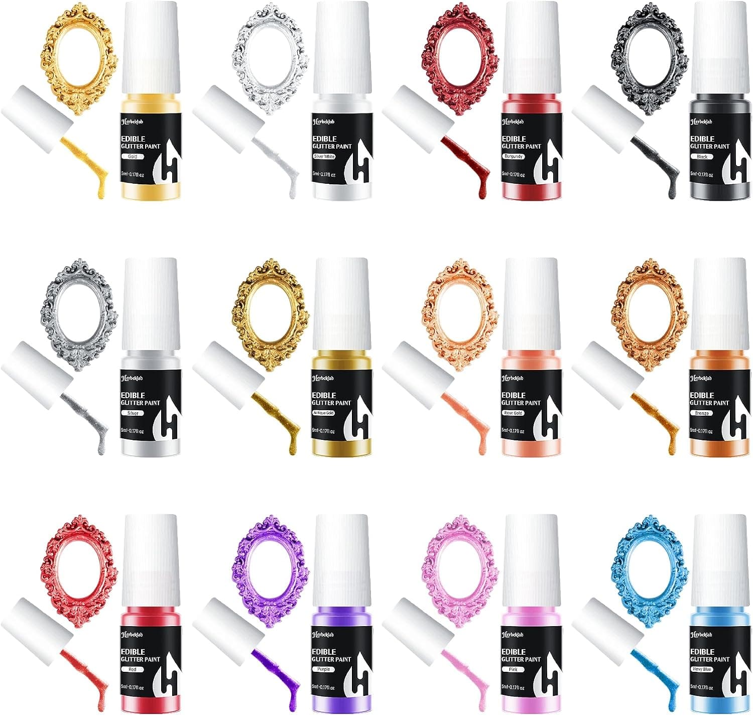 Edible Paint - 12 Colors Glitter Cake Paint Shiny Metallic Food Paint for Cake Decorating, 5ml/bottle
