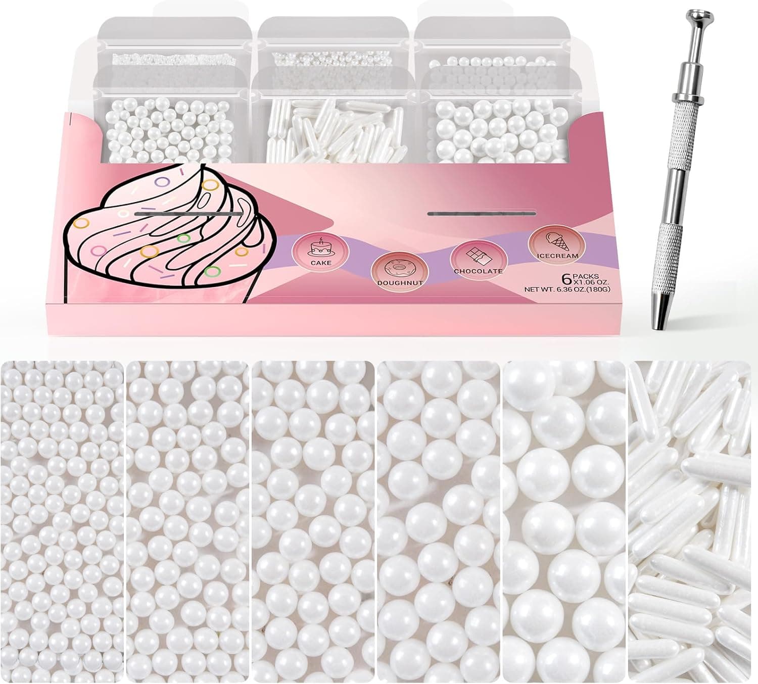 HUEBEATY 6-in-1 White Edible Cake Pearls Sprinkles Decorating Set with Nonpareils