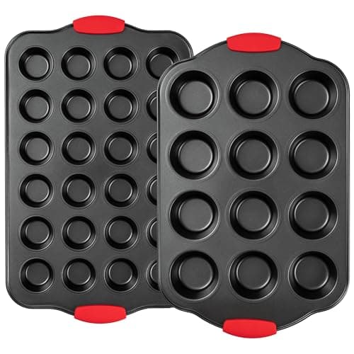 Tiawudi Muffin Pan, Nonstick Cupcake Pan Set, 2 Pack Heavy Duty Muffin Tins for Baking, 12-Cup Regular and 24-Cup Mini Bareware Tray with Silicone Grip Handles