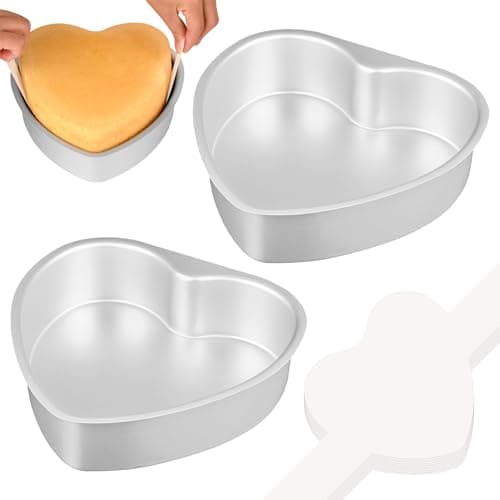 HUAKENER 8 Inch Heart Cake Pan, Non-stick Aluminum Heart Cake Pan | Set of 2 Pack Heart Shaped Cake Pans with 60 Pieces Parchment Paper, Cake Baking Pans for Kitchen Birthday Wedding