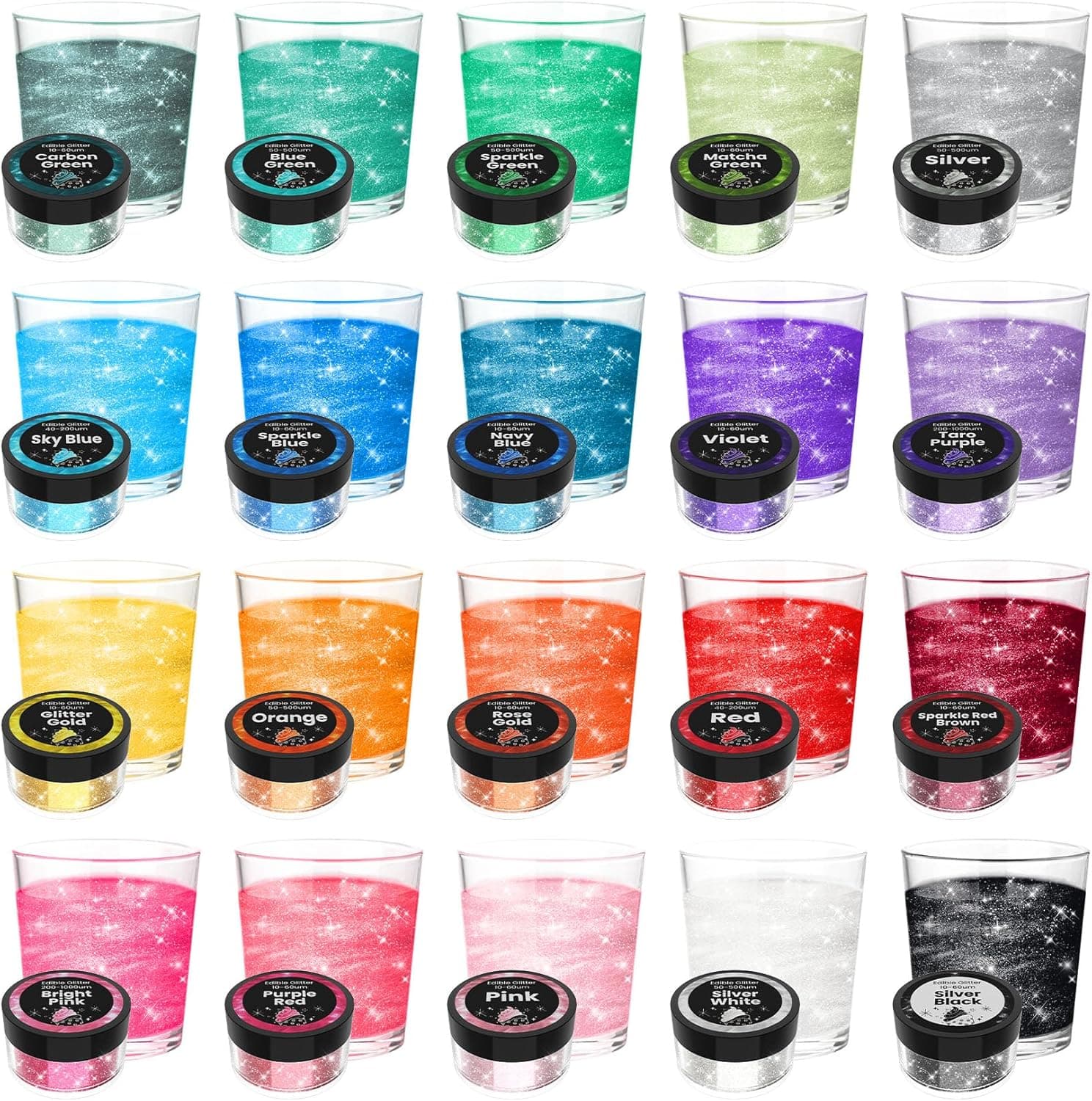 Edible Glitter for Drinks - 20 Glimmer Colors Luster Dust, Food Grade Vegan, 2g/bottle