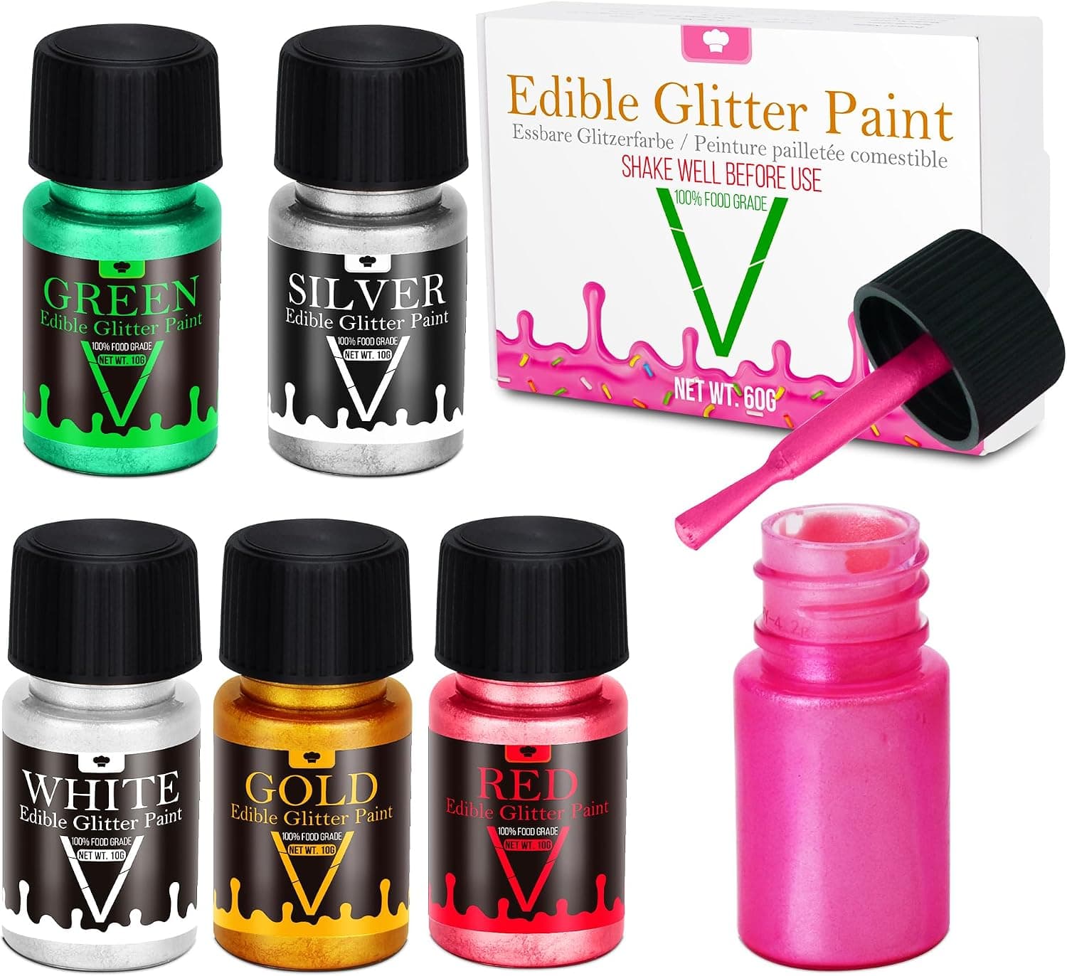 Edible Glitter Paint - 6 Colors Food Grade Edible Paint for Cake, Chocolate, Cupcakes, Cocktail, 6x10g