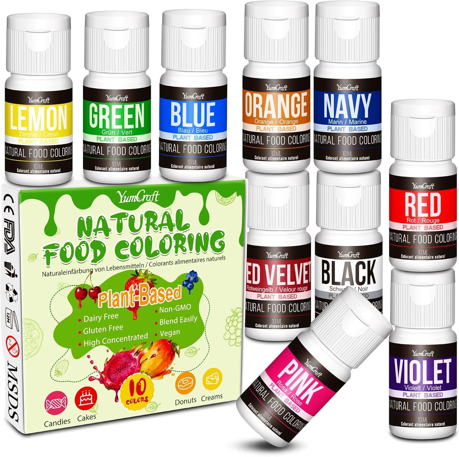 Natural Food Coloring - 10 Plant-Based Organic Vibrant Liquid Dyes, Artificial Dye-Free, Non-GMO