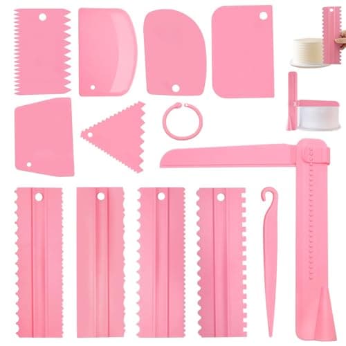 12 Pcs Adjustable Cake Smoother Set, Plastic Cake Decorating Tools Comb and Dough Scrapers for Baking Pastries (Pink)