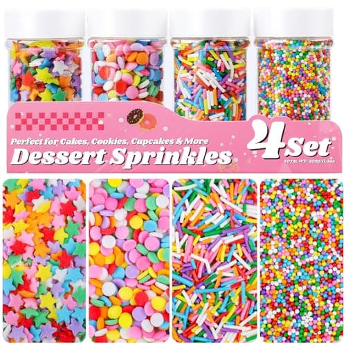 Rainbow Sprinkles Edible Dot Sprinkles, 11.3oz Star Sprinkles for Ice Cream | 4 Jars Set with Nonpareils Confetti Jimmies Sprinkles for Cakes Cupcakes