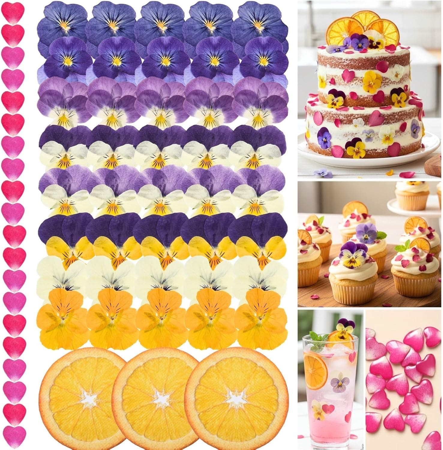 63 Pcs Edible Flowers Cake Decorations - Dried Edible Flowers for Cocktails, Cupcake Topper, Food Grade Pressed Flowers Mix with Pansy, Rose Petals & Orange