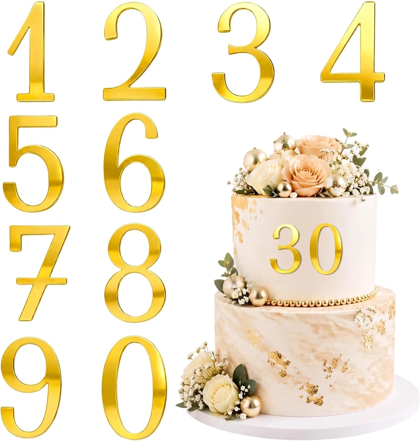 10 Pcs Number Cake Topper Set Gold Acrylic Cake Decor Durable 0-9 Numbers Cake Decorations for Birthday Anniversary