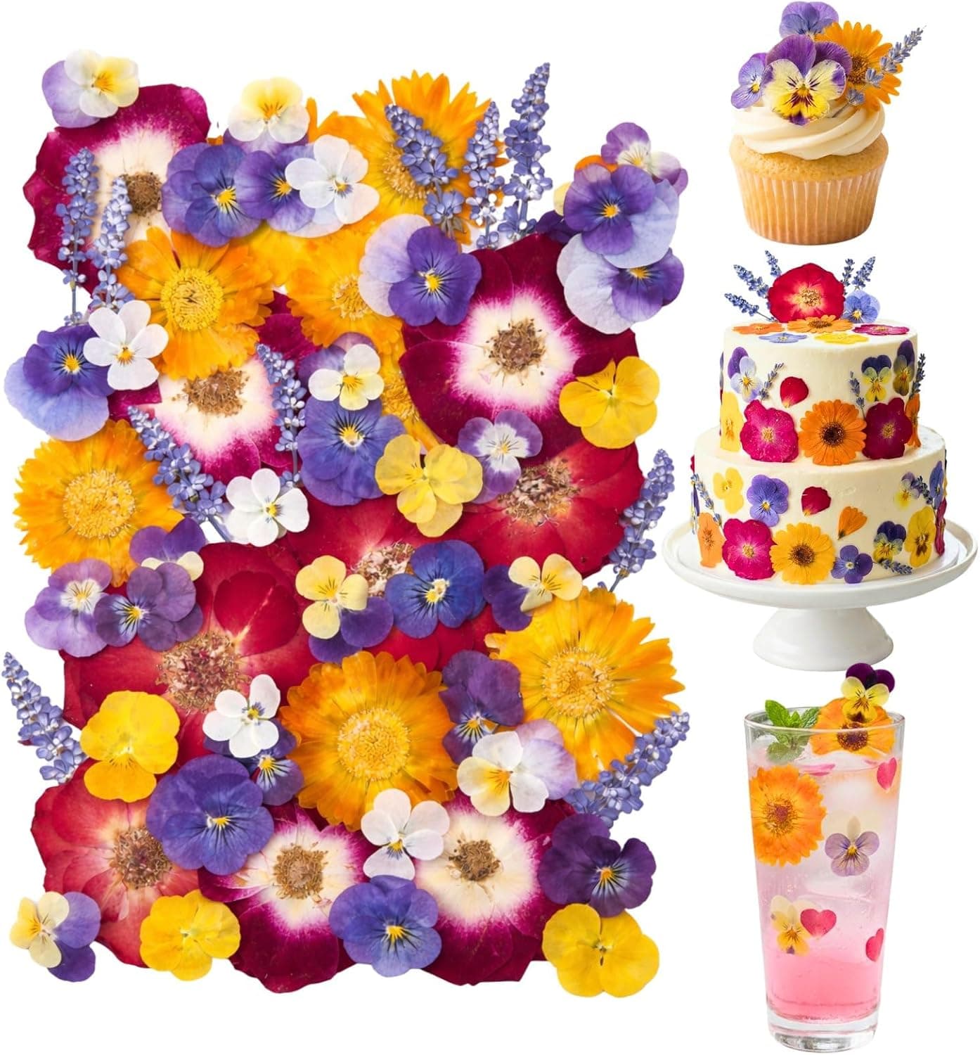 70 Pcs Edible Flowers for Cocktails & Cake Decorating - Real Dried Edible Flowers Cupcake Toppers (Pansies, Rose, Calendula, Lavender)