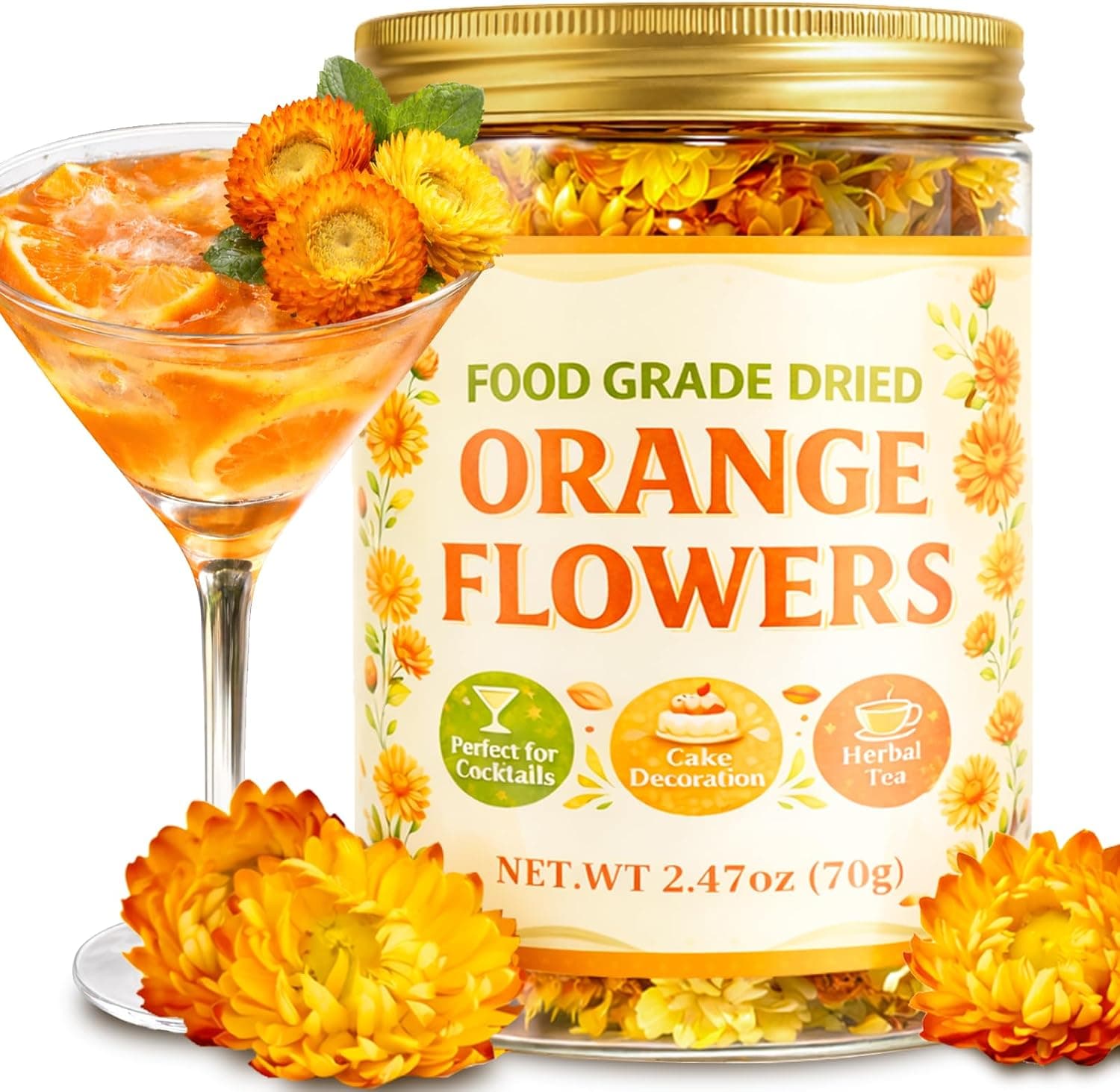 90+ Edible Dried Flowers for Cake Decorations, 100% Natural Dried Strawflowers Orange & Yellow for Cocktails Garnish
