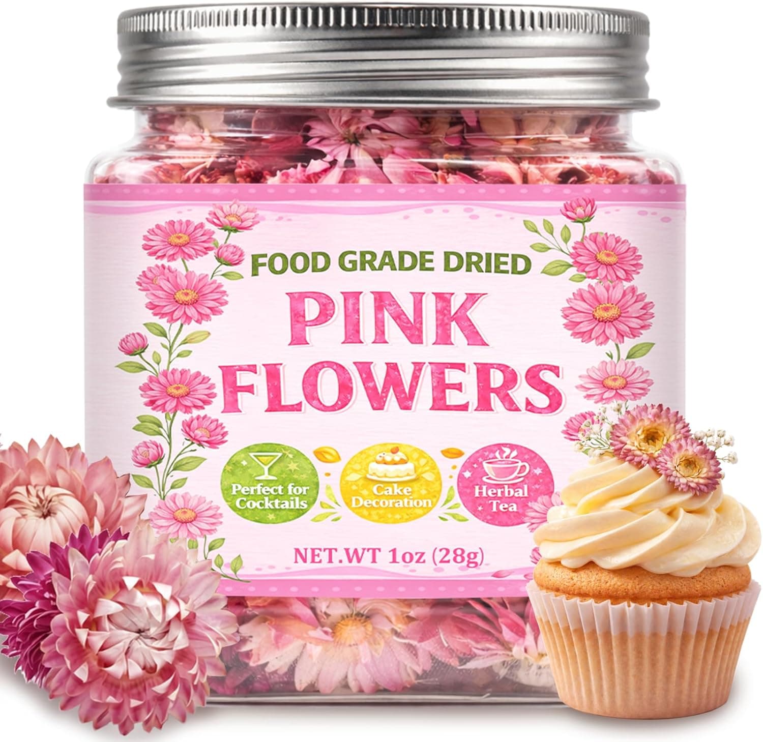 50+ Edible Dried Flowers for Cake Decorations - Food Grade Dried Pink Strawflower Blooms for Cocktail Garnish & Cupcakes