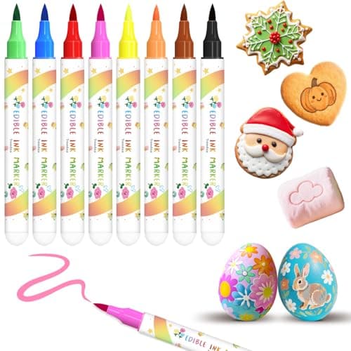 Edible Markers, 8pcs Food Coloring Pens Soft Brush Tip Food Markers, Food Grade Gourmet Writer, Edible Pens for Cookie Decorating, Cakes, Desserts, Frosting, Fondant, Easter Eggs