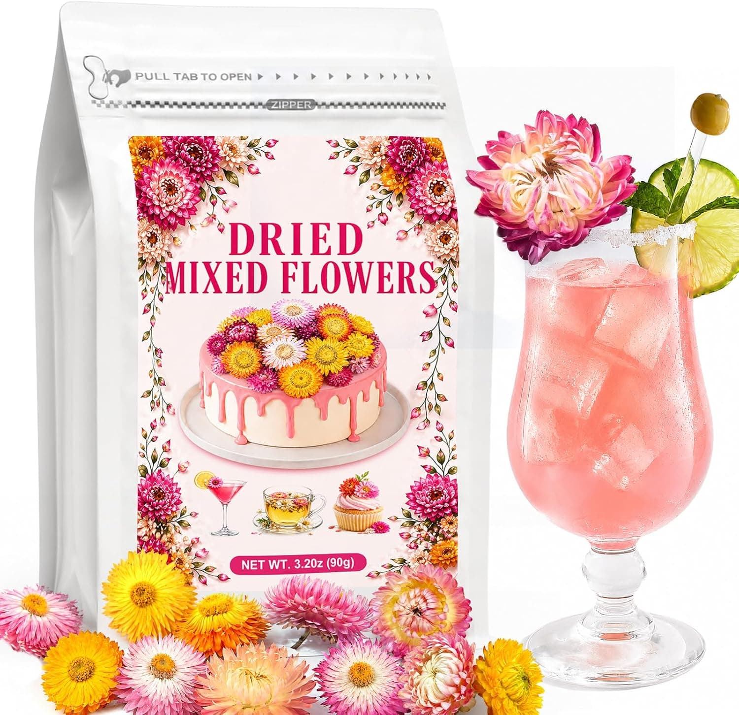 130+ Edible Dried Mixed Flowers for Cake Decorations - Food Grade Natural Color Strawflower for Drink Toppers, Cocktail Garnish
