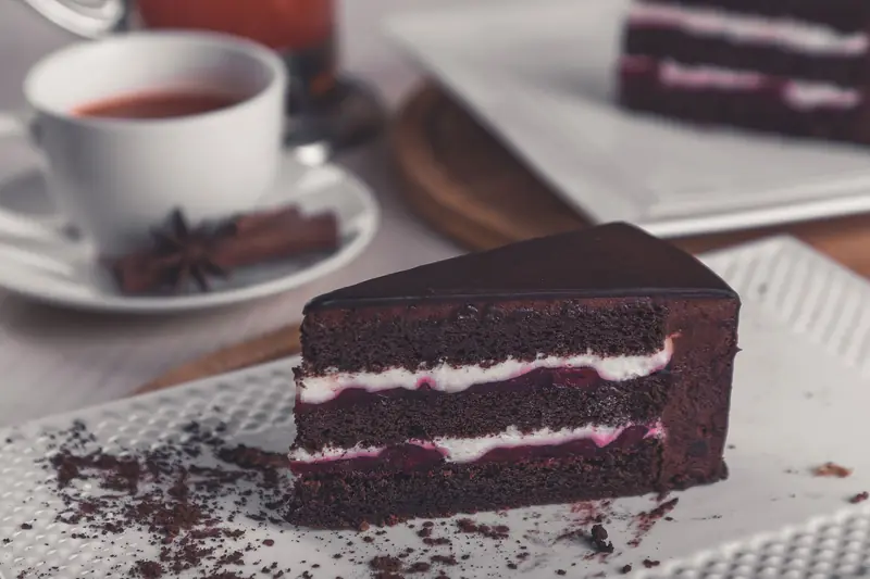Indulge in a rich chocolate cake slice with layers of cream and berry filling, perfect for dessert