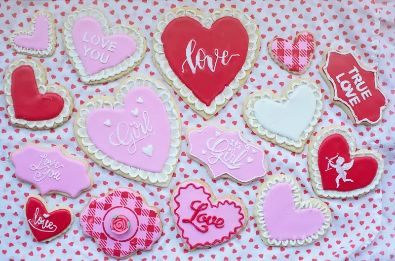 Heart-shaped cookies with royal icing, perfect for Valentine's Day celebrations