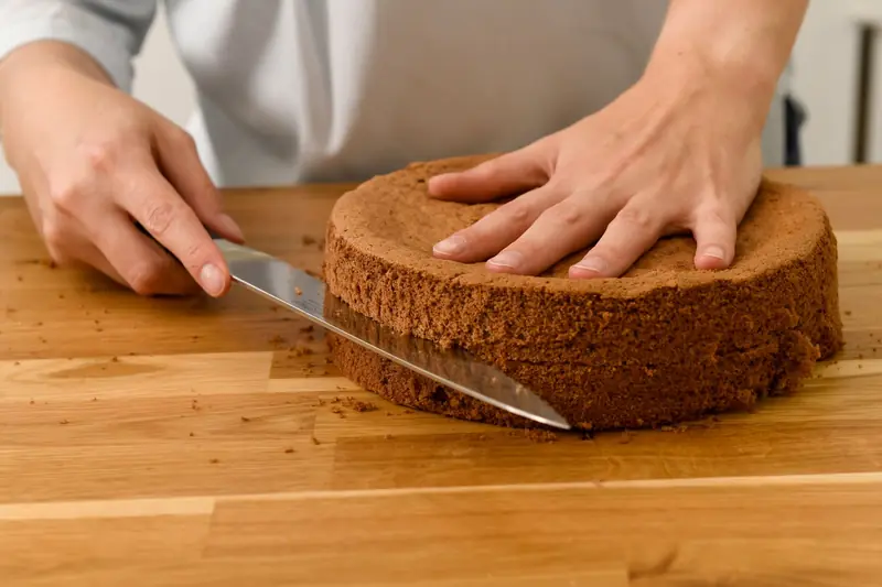 Close-up of a person slicing a freshly baked homemade chocolate cake on a wooden kitchen table