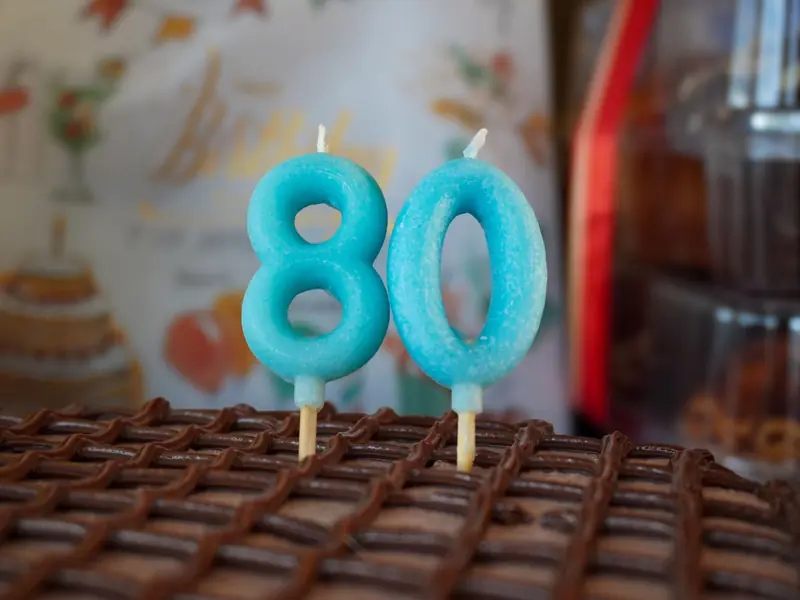 Blue number candles on an 80th birthday cake, perfect for celebratory occasions